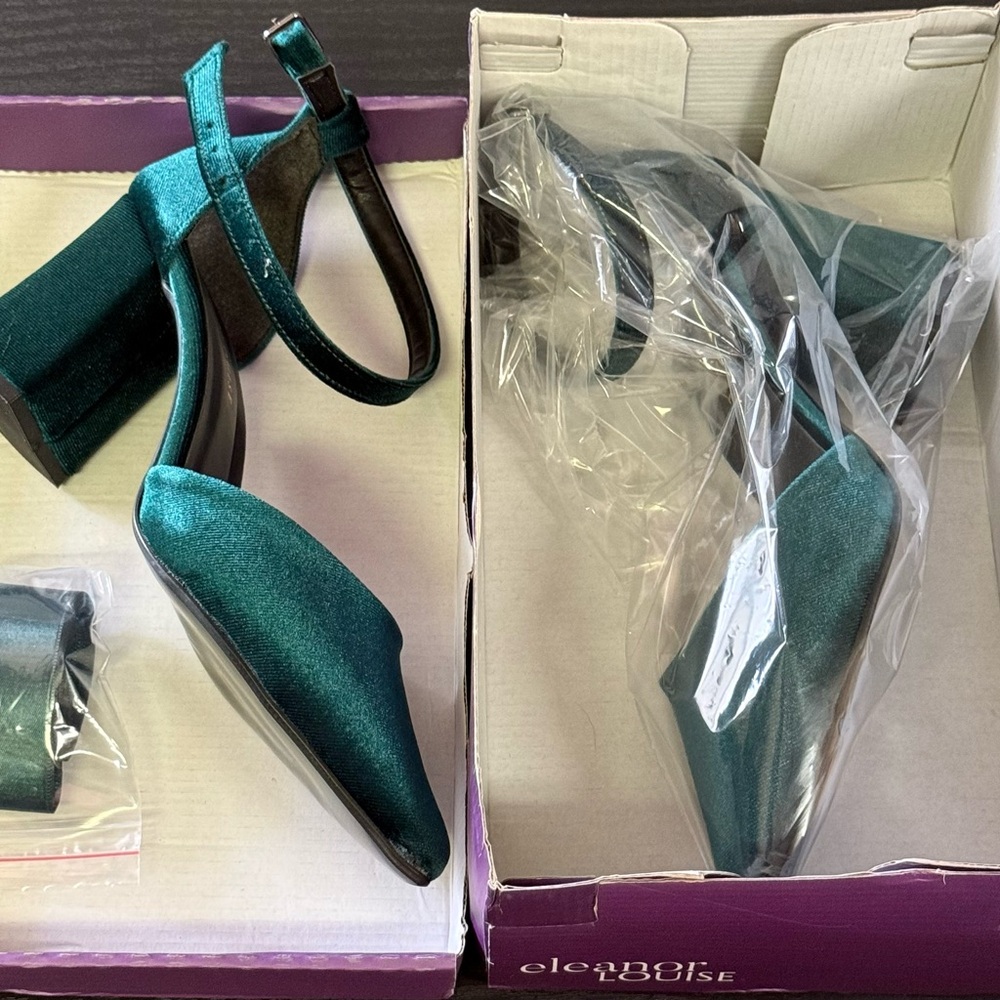 Eleanor Loise green velvet stiletto heels with ankle strap